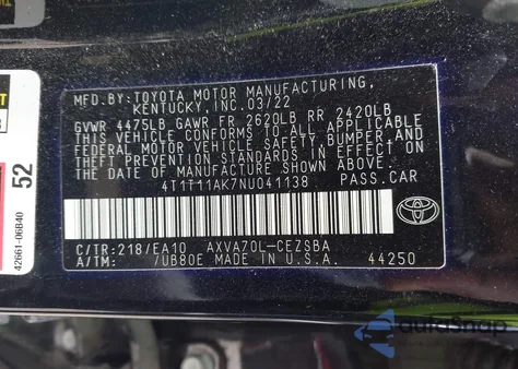 2022 Toyota Camry Se z USA, uszkodzony, nr VIN 4T1T11AK7NU041138